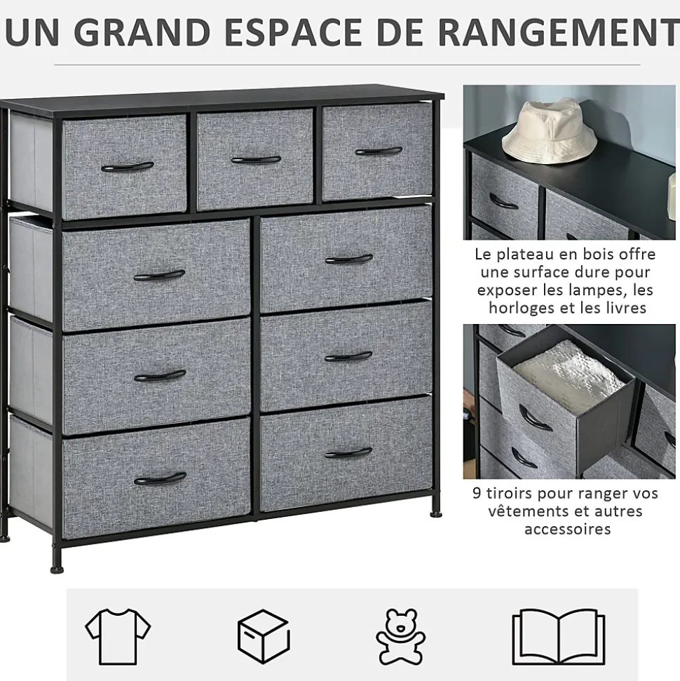 Meuble de rangement commode 9 tiroirs plateau acier MDF non tissé noir gris