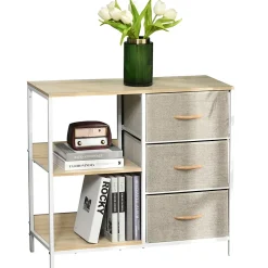 Meuble de rangement commode design - 3 tiroirs, 2 étagères - métal MDF non tissé beige