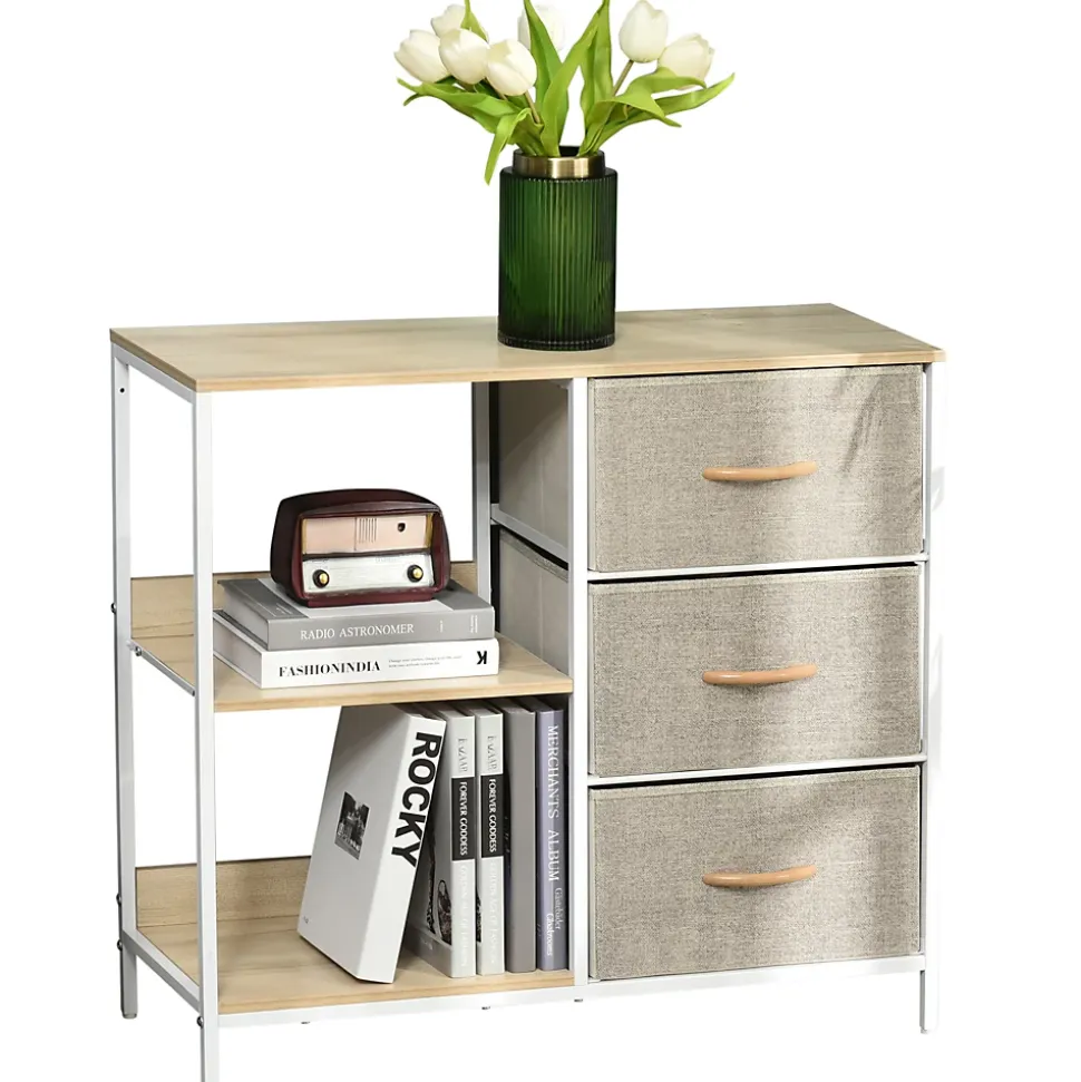 Meuble de rangement commode design - 3 tiroirs, 2 étagères - métal MDF non tissé beige