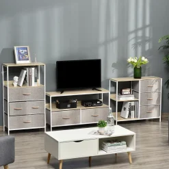 Meuble de rangement commode design - 3 tiroirs, 2 étagères - métal MDF non tissé beige