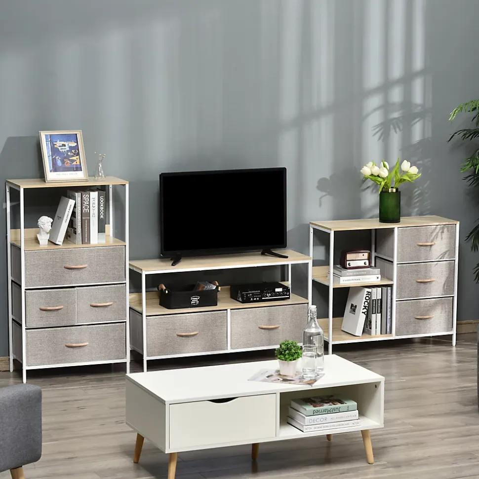 Meuble de rangement commode design - 3 tiroirs, 2 étagères - métal MDF non tissé beige