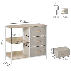 Meuble de rangement commode design - 3 tiroirs, 2 étagères - métal MDF non tissé beige