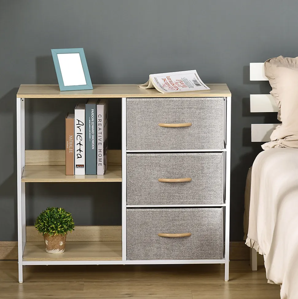 Meuble de rangement commode design - 3 tiroirs, 2 étagères - métal MDF non tissé beige