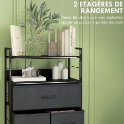 Meuble de rangement commode 5 tiroirs 2 étagères acier MDF non tissé noir