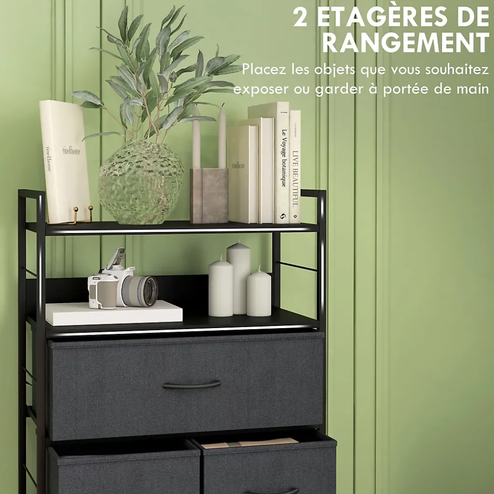 Meuble de rangement commode 5 tiroirs 2 étagères acier MDF non tissé noir