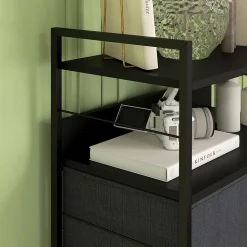 Meuble de rangement commode 5 tiroirs 2 étagères acier MDF non tissé noir