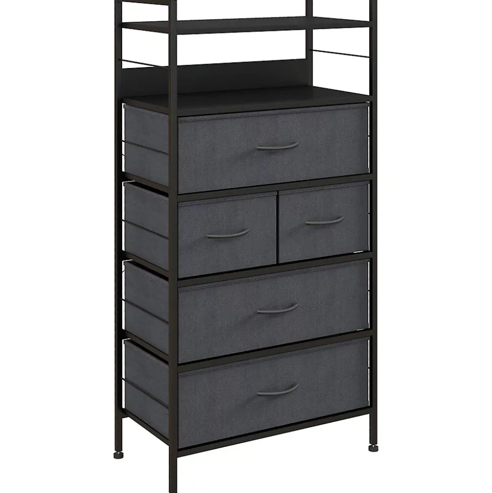 Meuble de rangement commode 5 tiroirs 2 étagères acier MDF non tissé noir