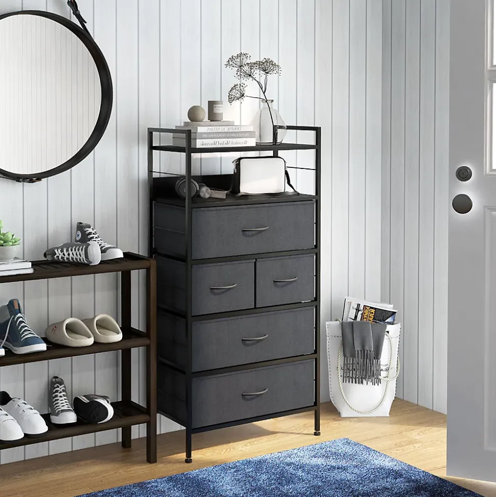 Meuble de rangement commode 5 tiroirs 2 étagères acier MDF non tissé noir