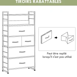 Meuble de rangement commode 5 tiroirs 2 étagères acier MDF non tissé noir