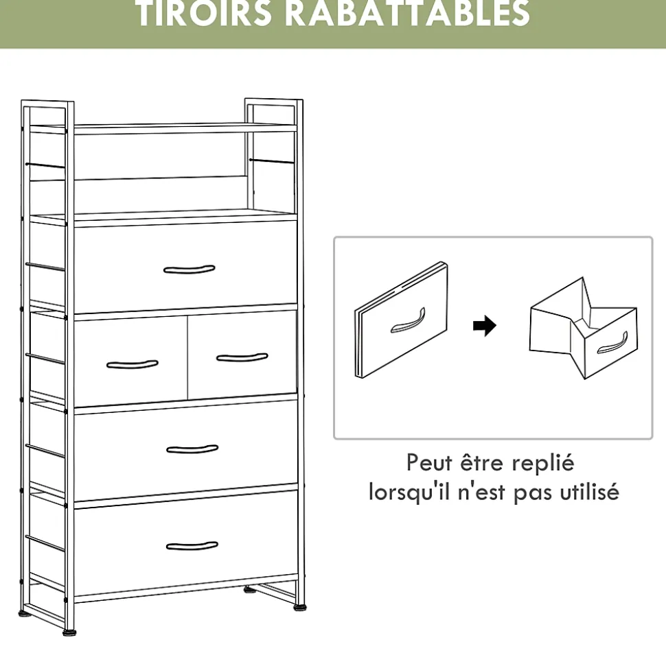 Meuble de rangement commode 5 tiroirs 2 étagères acier MDF non tissé noir