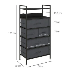 Meuble de rangement commode 5 tiroirs 2 étagères acier MDF non tissé noir