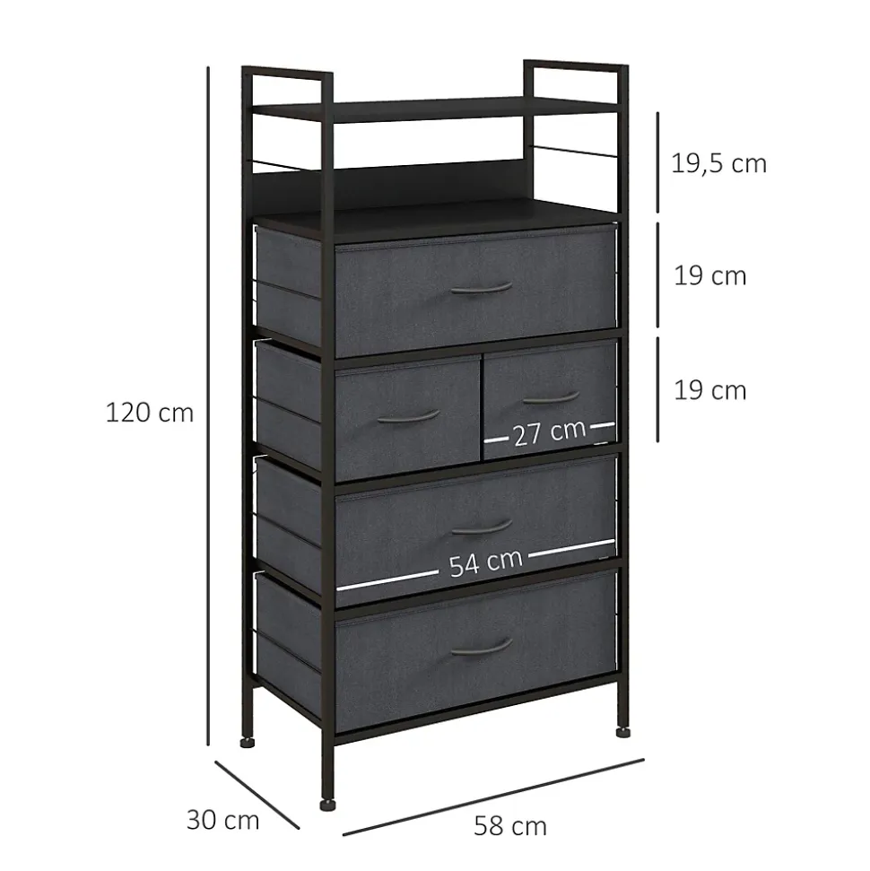 Meuble de rangement commode 5 tiroirs 2 étagères acier MDF non tissé noir