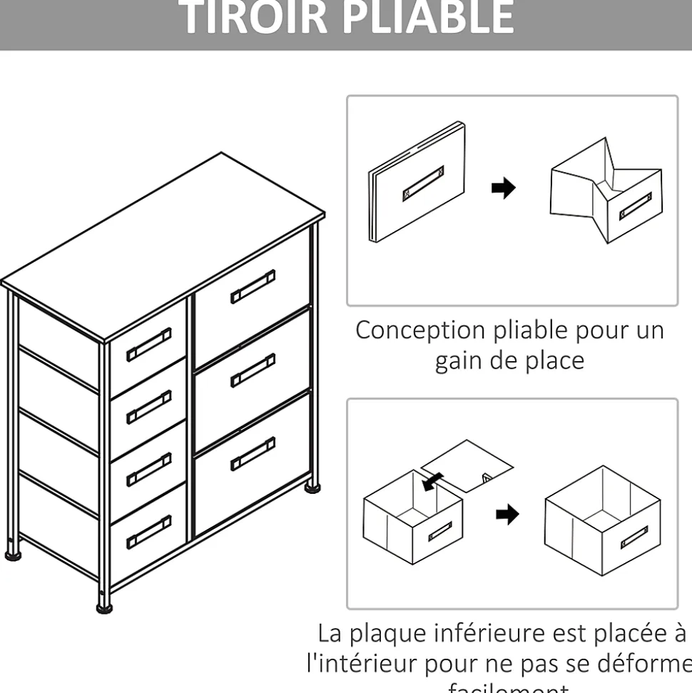 Meuble de rangement commode design 64L x 30l x 71H cm 7 tiroirs métal MDF non tissé blanc