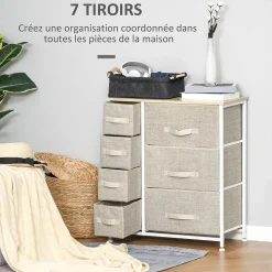 Meuble de rangement commode design 64L x 30l x 71H cm 7 tiroirs métal MDF non tissé blanc