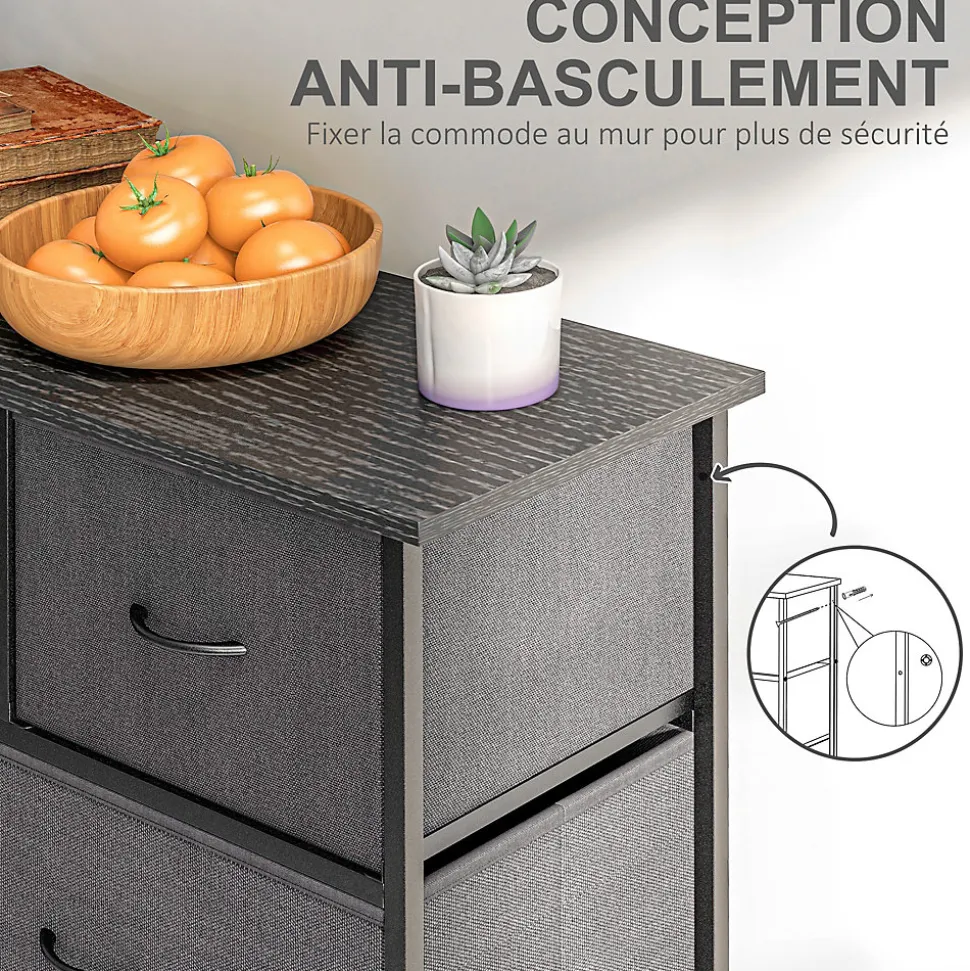 Meuble de rangement commode 10 tiroirs plateau acier MDF non tissé noir