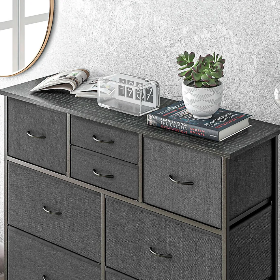 Meuble de rangement commode 10 tiroirs plateau acier MDF non tissé noir