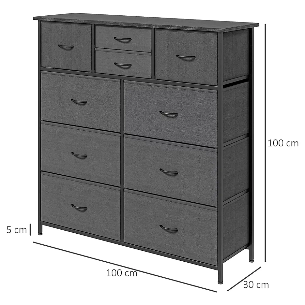 Meuble de rangement commode 10 tiroirs plateau acier MDF non tissé noir