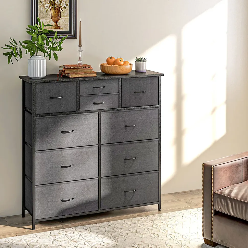 Meuble de rangement commode 10 tiroirs plateau acier MDF non tissé noir