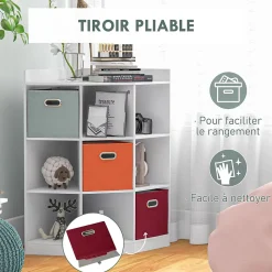 Meuble de rangement d'angle unité de rangement 9 niches 3 tiroirs non tissé MDF blanc
