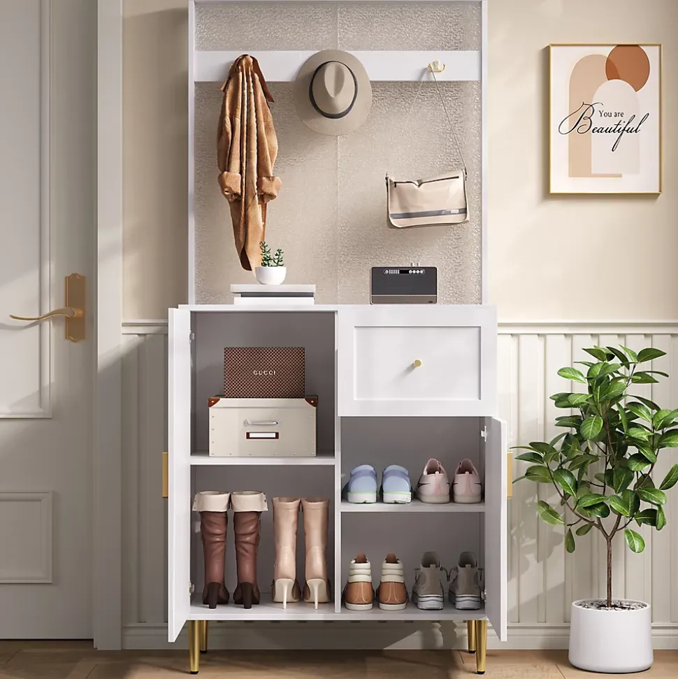 Meuble De Rangement D'entrée Blanc - Armoire Et Étagère à Chaussures - 80 X 175,5 X 35 Cm