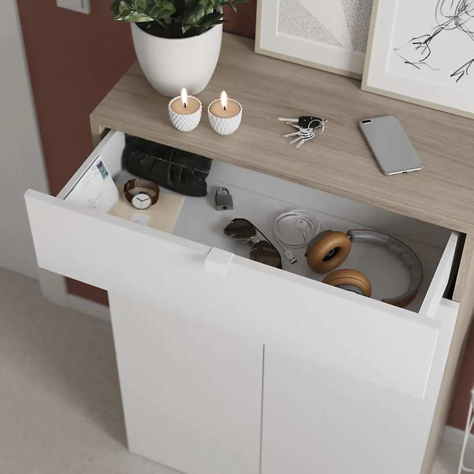 Meuble de rangement effet chêne portes battantes et tiroir blancs GoodHome Atomia H. 112,5 x L. 75 x P. 37 cm