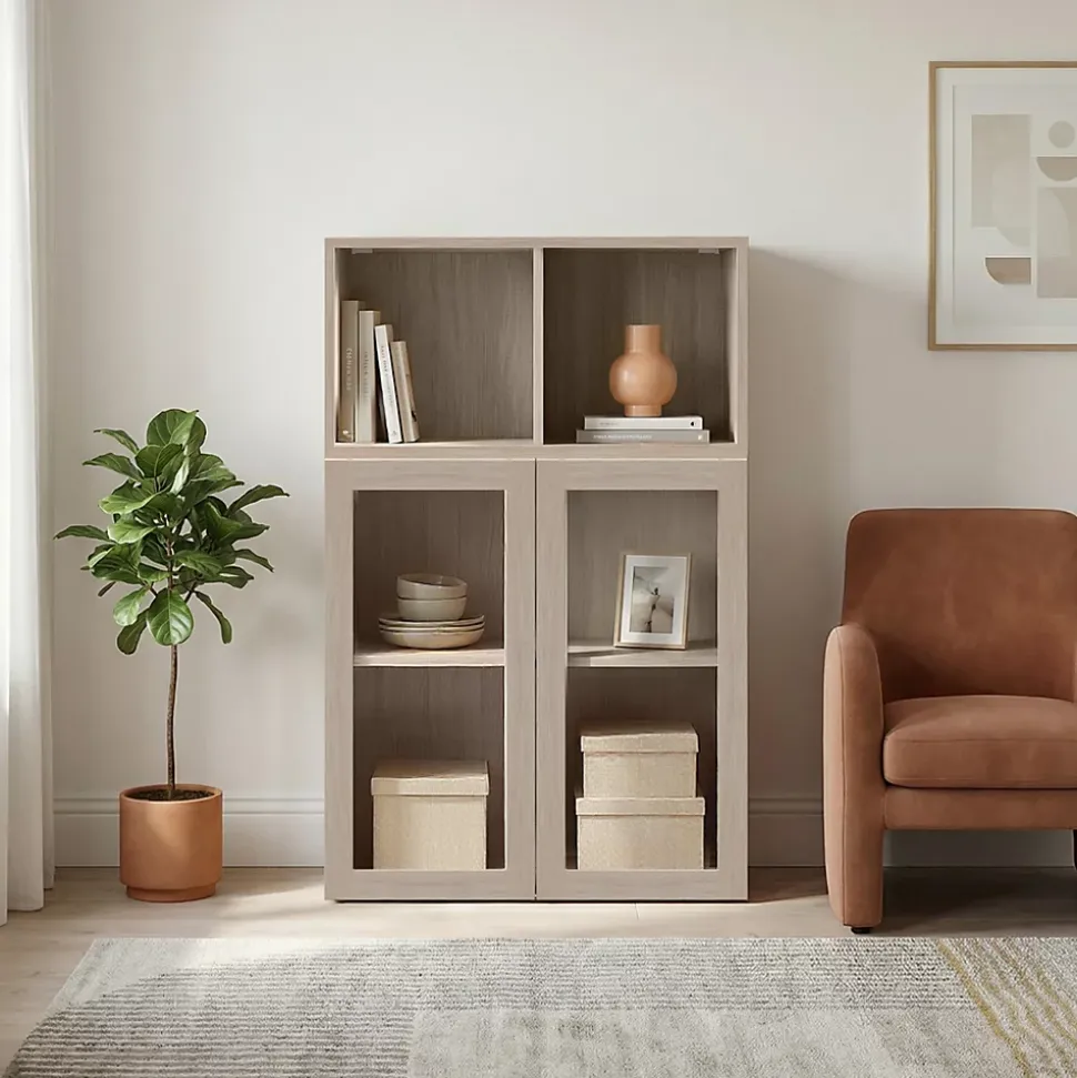 Meuble de rangement effet chêne portes battantes vitrées GoodHome Atomia H. 112,5 x L. 75 x P. 37 cm