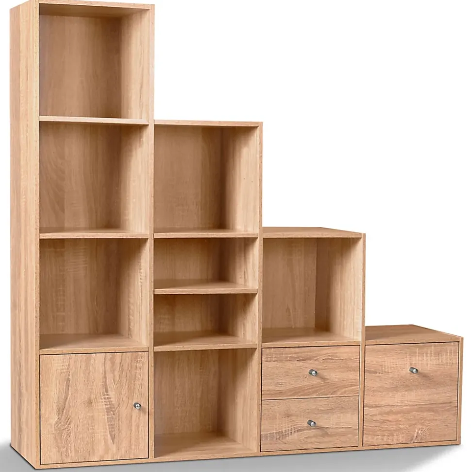 Meuble de rangement en escalier LIAM 4 niveaux bois façon hêtre avec porte et tiroirs