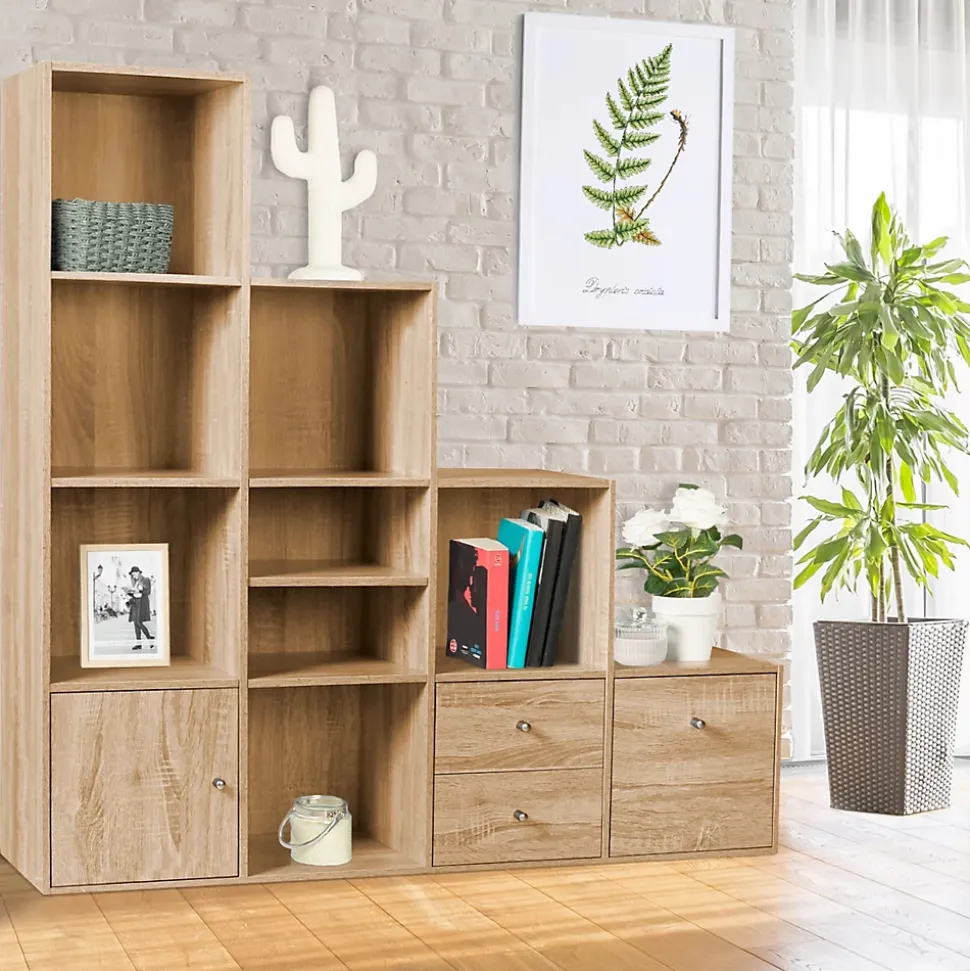 Meuble de rangement en escalier LIAM 4 niveaux bois façon hêtre avec porte et tiroirs