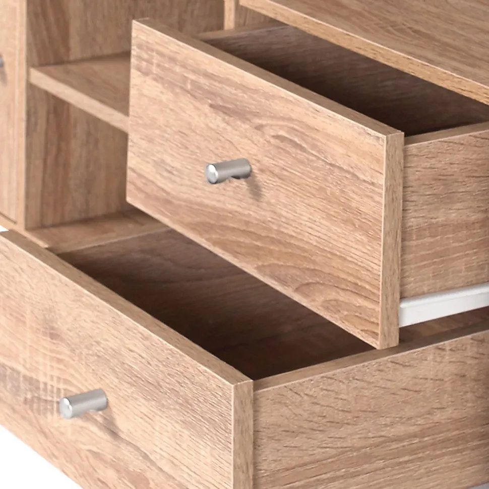 Meuble de rangement en escalier LIAM 4 niveaux bois façon hêtre avec porte et tiroirs