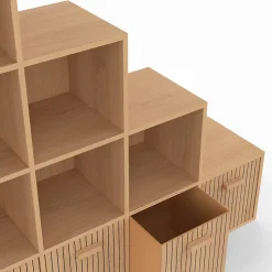 Meuble de rangement en escalier LORYS 4 niveaux effet lattes JULIETTE avec 4 tiroirs en tissu