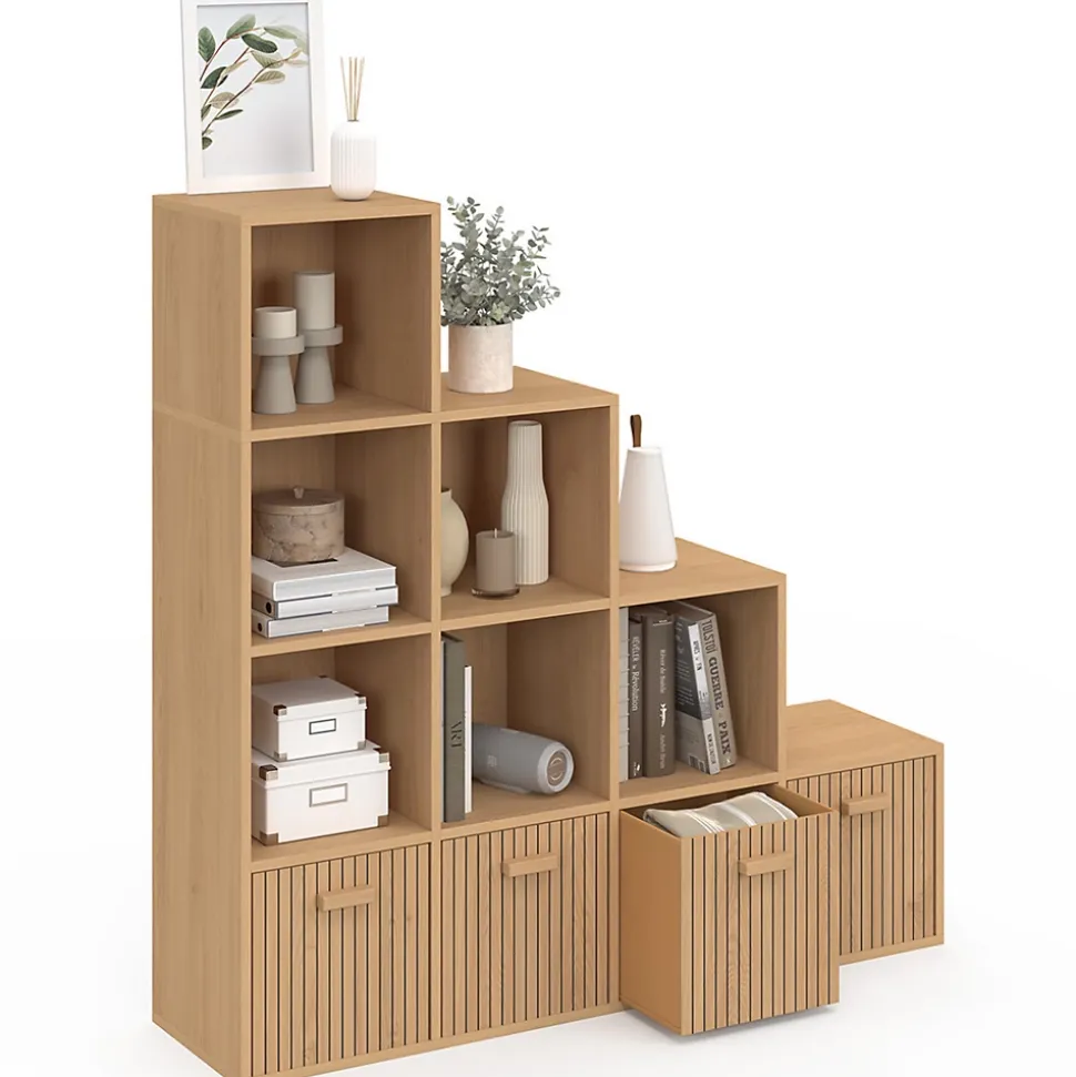 Meuble de rangement en escalier LORYS 4 niveaux effet lattes JULIETTE avec 4 tiroirs en tissu