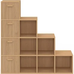 Meuble de rangement en escalier LORYS 4 niveaux effet lattes JULIETTE avec 4 tiroirs en tissu