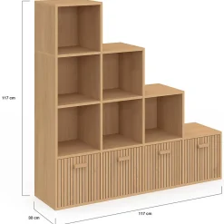 Meuble de rangement en escalier LORYS 4 niveaux effet lattes JULIETTE avec 4 tiroirs en tissu