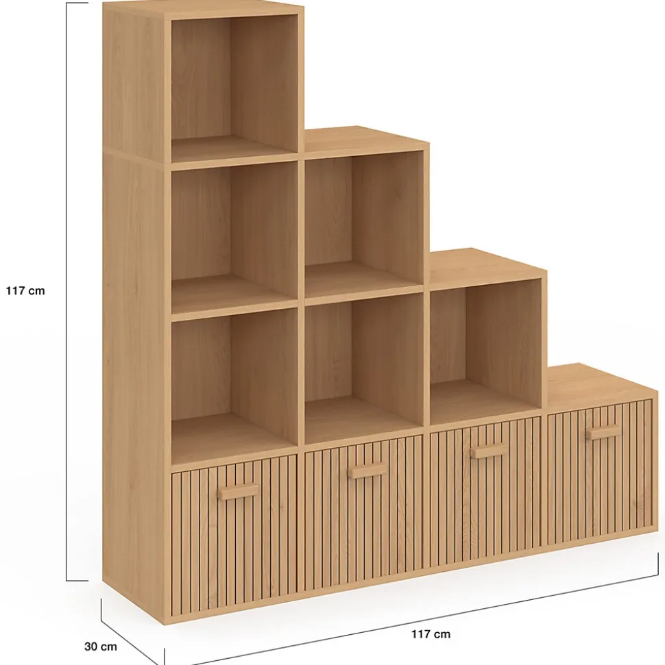 Meuble de rangement en escalier LORYS 4 niveaux effet lattes JULIETTE avec 4 tiroirs en tissu