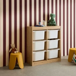Meuble de rangement enfant. naturel. 6 bacs de rangement en plastique