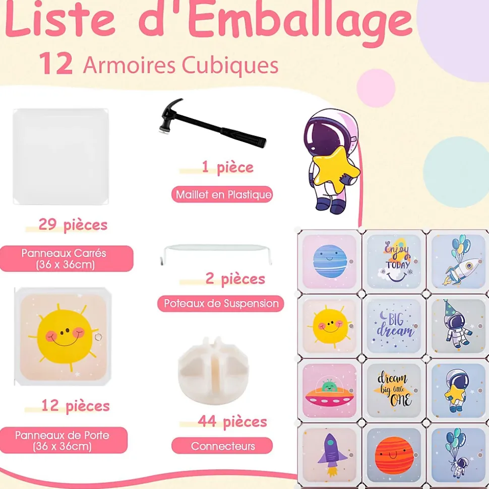 Meuble de Rangement Enfants 12 Cubes,35x35cm avec Barre de Suspension,pour Vêtements,Chaussures,Jouets (Astronaute-Blanc)