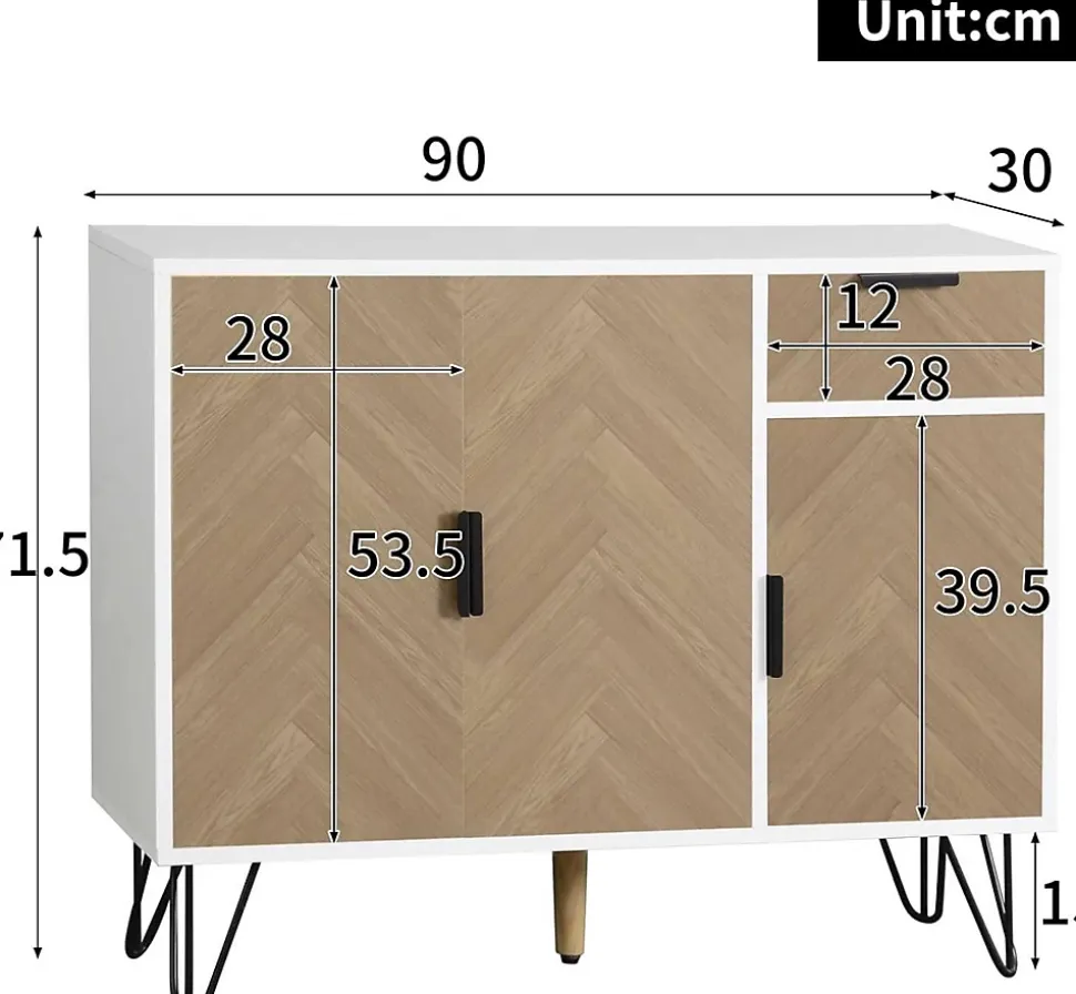 Meuble de rangement moderne blanc et bois, avec tiroir et étagères réglables, 90x30x71,5 cm