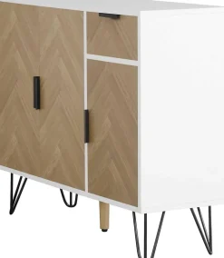 Meuble de rangement moderne blanc et bois, avec tiroir et étagères réglables, 90x30x71,5 cm