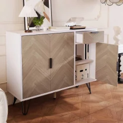 Meuble de rangement moderne blanc et bois, avec tiroir et étagères réglables, 90x30x71,5 cm