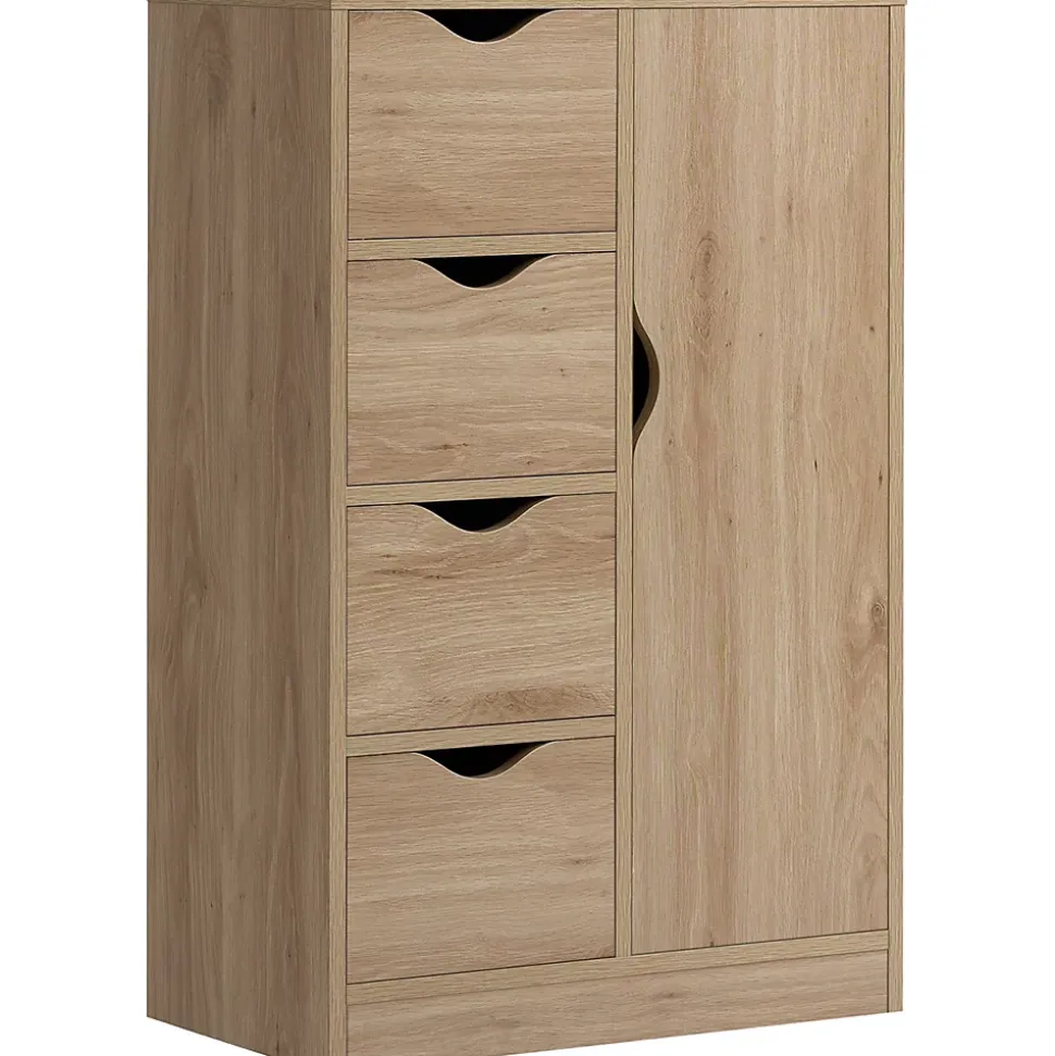 Meuble de rangement moderne 1 porte 4 tiroirs - panneaux particules aspect chêne clair