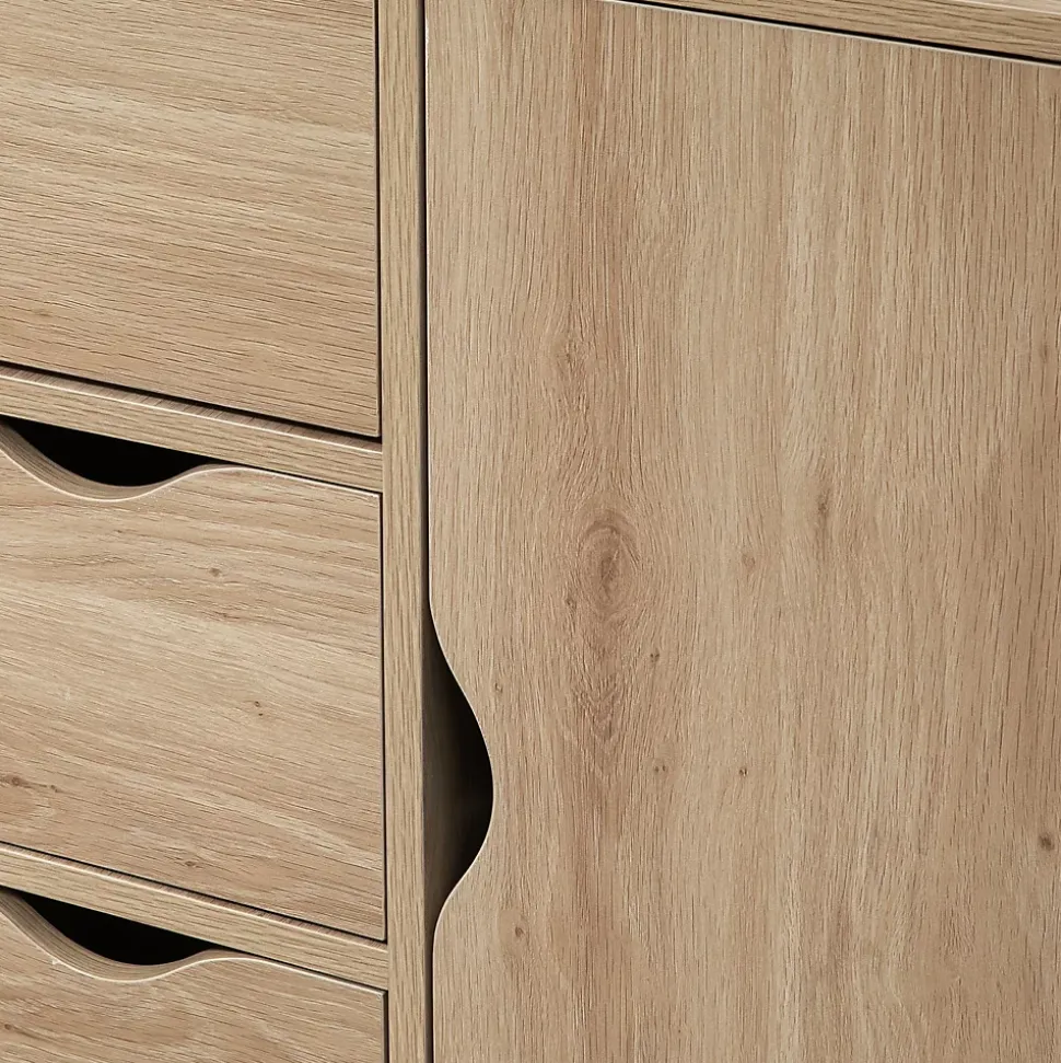 Meuble de rangement moderne 1 porte 4 tiroirs - panneaux particules aspect chêne clair