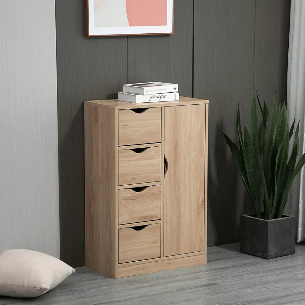 Meuble de rangement moderne 1 porte 4 tiroirs - panneaux particules aspect chêne clair