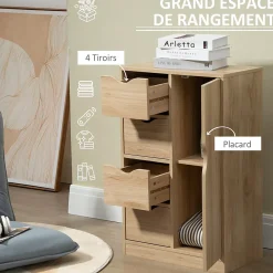 Meuble de rangement moderne 1 porte 4 tiroirs - panneaux particules aspect chêne clair
