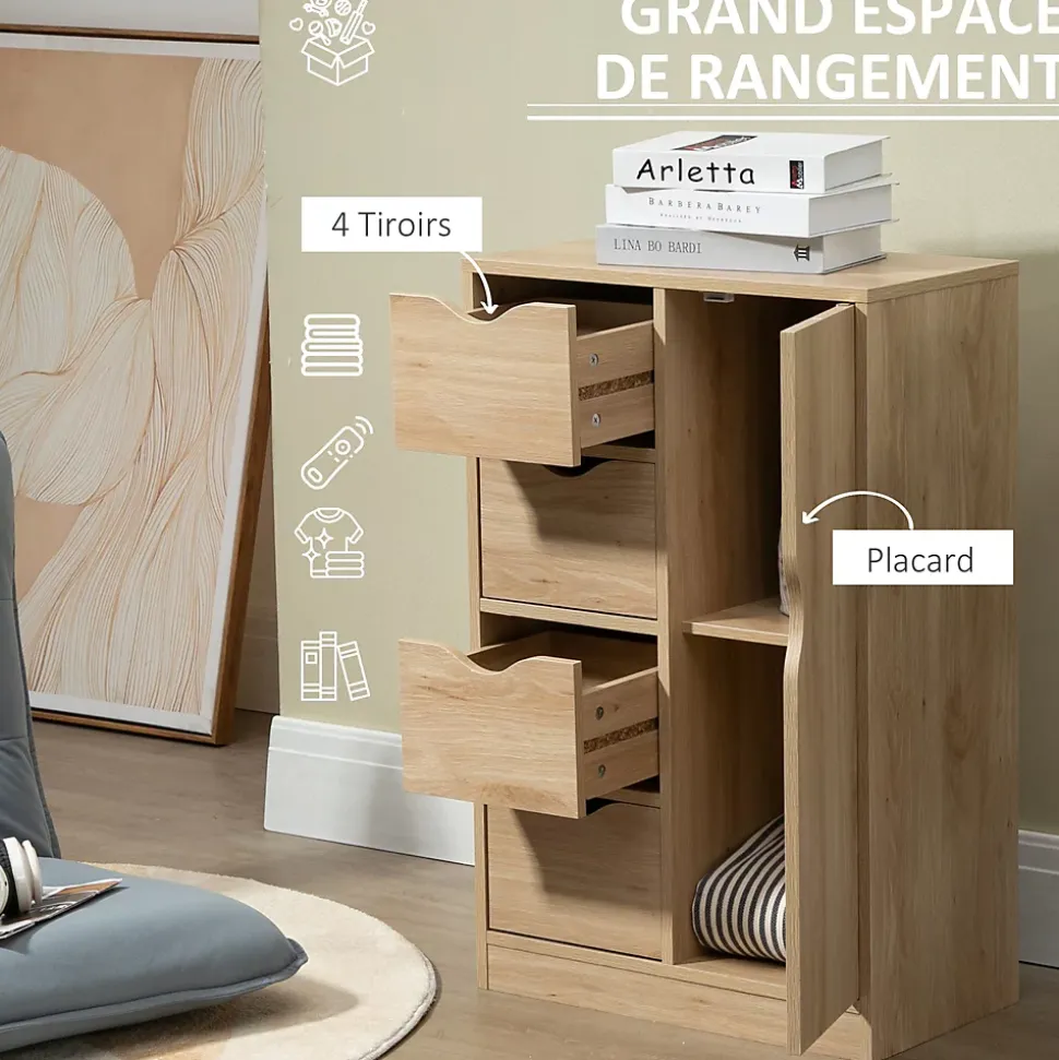 Meuble de rangement moderne 1 porte 4 tiroirs - panneaux particules aspect chêne clair
