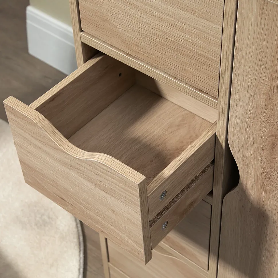 Meuble de rangement moderne 1 porte 4 tiroirs - panneaux particules aspect chêne clair