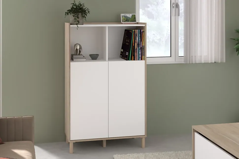 Meuble de rangement portes battantes blanc et effet chêne Morphos H. 135 x L. 83,7 cm