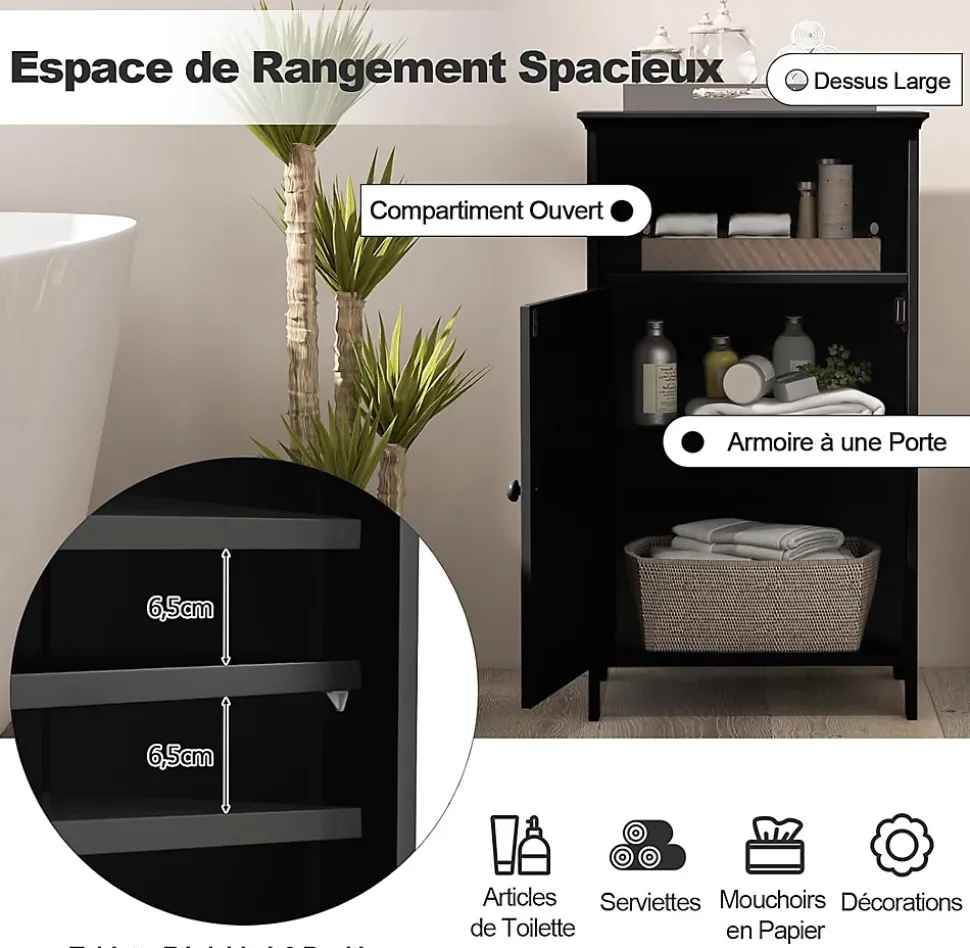 Meuble de Rangement pour Salle de Bains,en MDF avec 1 Porte,avec Étagère Réglable,Armoire de Salle de Bain (Noir)