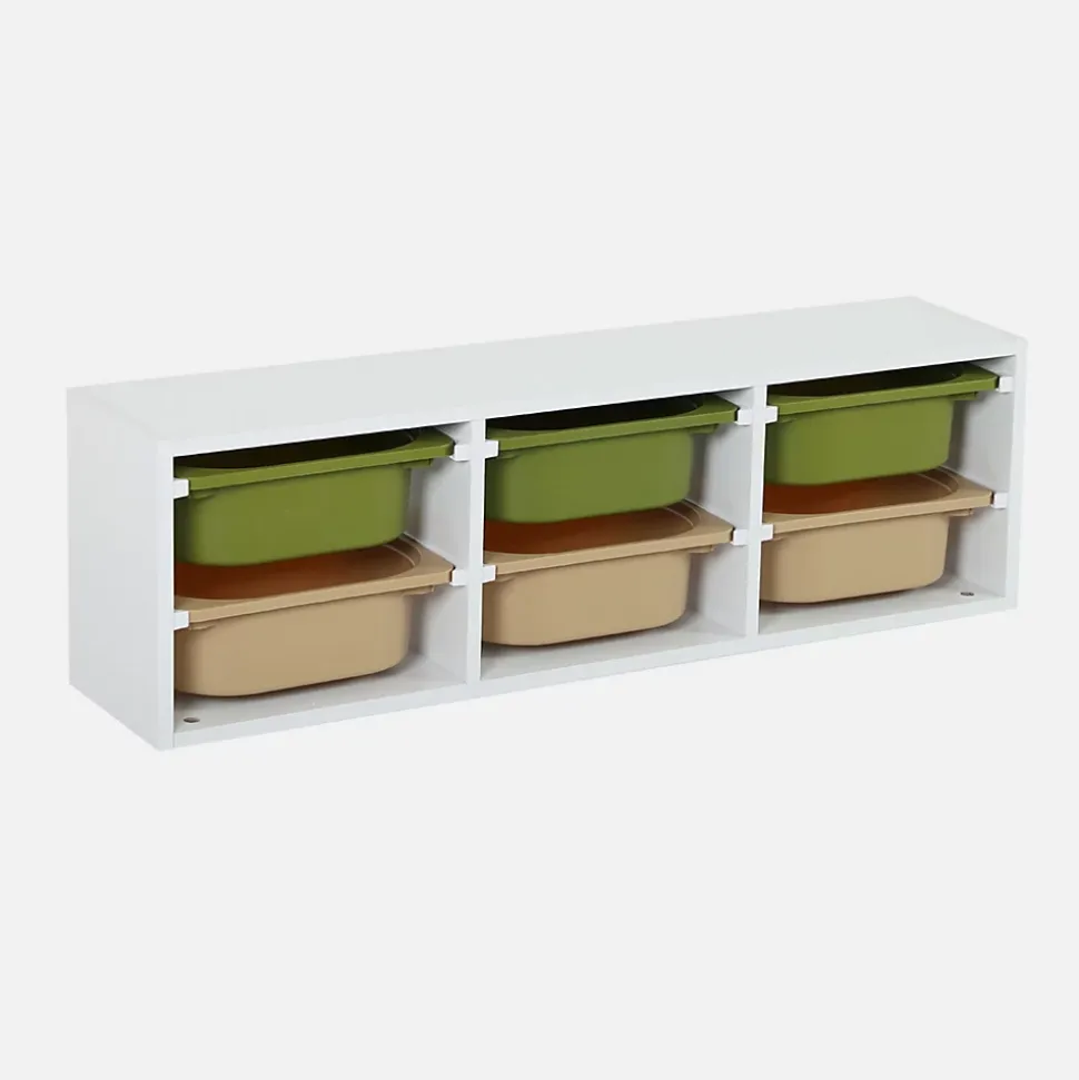 Meuble de rangement pour enfant. 6 bacs en plastique vert olive taupe - Sora