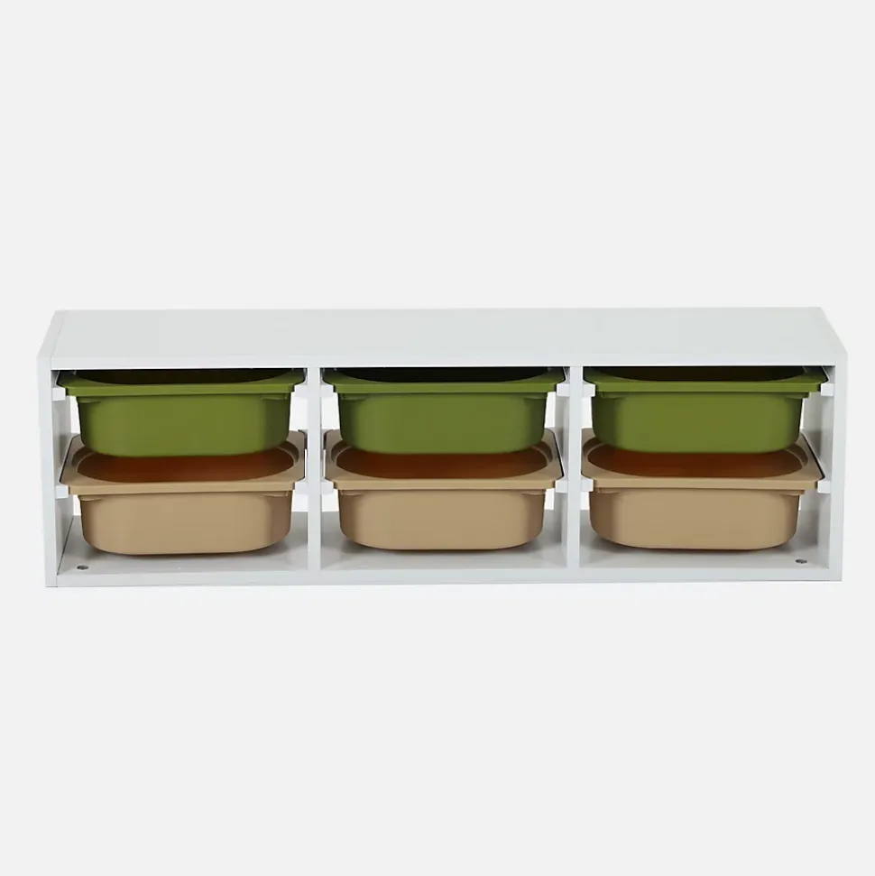 Meuble de rangement pour enfant. 6 bacs en plastique vert olive taupe - Sora
