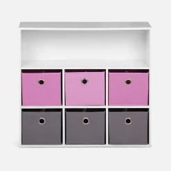 Meuble de rangement pour enfant. blanc - Camille - avec 7 compartiments et 6 paniers gris et roses